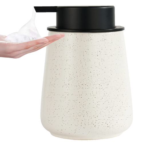 12Oz Foaming Hand Soap Dispenser - Ceramic Bathroom Foam Soap Dispenser with Easy-to-Press Black Pump, Refillable Lotion Hand Soap Dispenser, Dish Soap Dispenser for Kitchen, Speckled Matte Beige