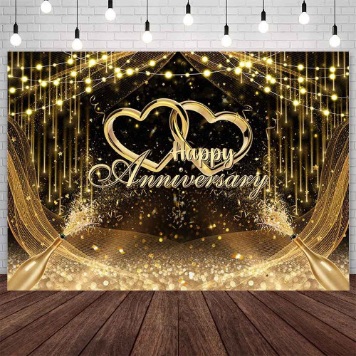 AIBIIN 7x5ft Black and Gold Happy Anniversary Backdrop Gold Glitter Wedding Anniversary Bridal Shower Photography Background Cheers to Wedding Miss to Mrs Party Decorations Banner Photo Shoot Props