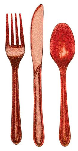 24-Piece Glitz Premium Plastic Cutlery Assortment, Red Glitter