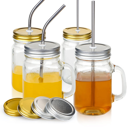 QUIENKITCH 4 Pack Mason Jar Cups with Lids and Straws 16 oz Mason Jars with Handle Wide Mouth Mason Jar Mugs Drinking Glasses Coffee Cups with Lids