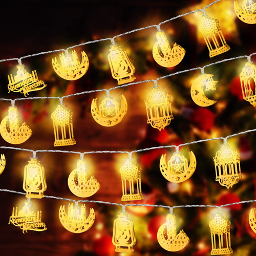 Xuhal 2 Pcs Ramadan Eid String Light 10 Feet 20 LEDs Eid Moon Star Kerosene Lantern Lamp Eid Mubarak Lights Battery Operated Eid Al Adha Decorations for Home Indoor Outdoor Party Decor Supplies