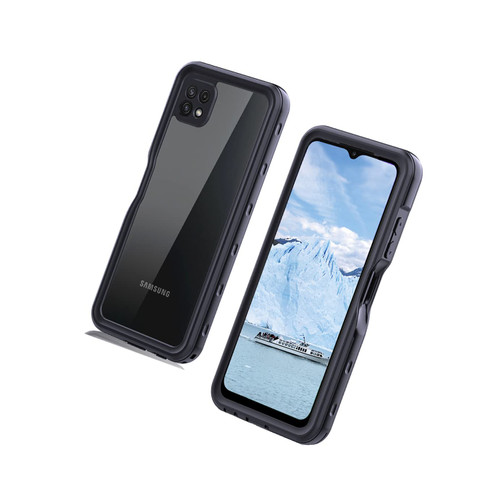 Sfulatdc Compatible with Samsung A22 Waterproof Case, Dustproof Shockproof with Built in Screen Protector Lanyard Full Body Cover for Galaxy A22 5G Black/Clear