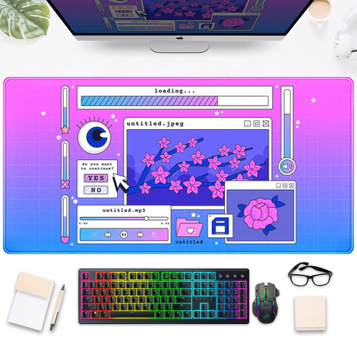 Retro Blue Purple Desk Mat Cherry Blossom Desk Pad Cute, Kawaii Vaporwave Extra Large Gaming Mousepad XXL, Full Desk Mouse Pad Laptop Keyboard Mat, Desk Accessories Girl Gamer Gift 31.5"x15.75