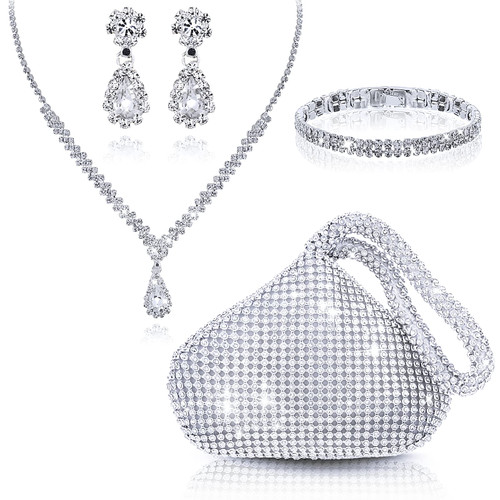 Bridal Wedding Jewelry Set Silver Clutch Purse Bag Rhinestone Evening Bag Necklace Earrings Bracelet Brides Bridesmaid Prom Costume Jewelry Set for Women and Girls