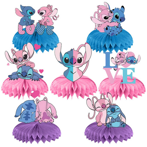 Stitch and Angel Gender Reveal Birthday Party Supplies, Stitch and Angel Birthday Party Supplies Honeycomb Centerpiece,7 Pcs Stitch and Angel Gender Reveal Party Supplies 3D Table Decorations for Girls Boys Birthday