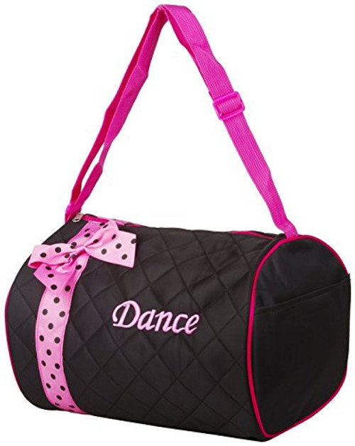 Private Label Girl's Quilted Nylon Dance Duffle Bag with Pink Polka Dot Bow, Black Private Label Girl's Quilted Nylon Dance Duffle Bag with Pink Polka Dot Bow, Black