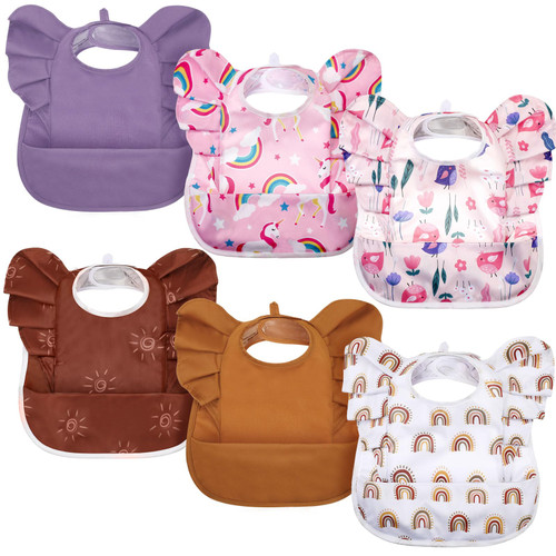 Leumoi 6 Pcs Mess Proof Baby Bib Waterproof Girl Bib for Baby Toddler Bibs for Eating Feeding with Food Catcher 6-36 Months (Rainbow)