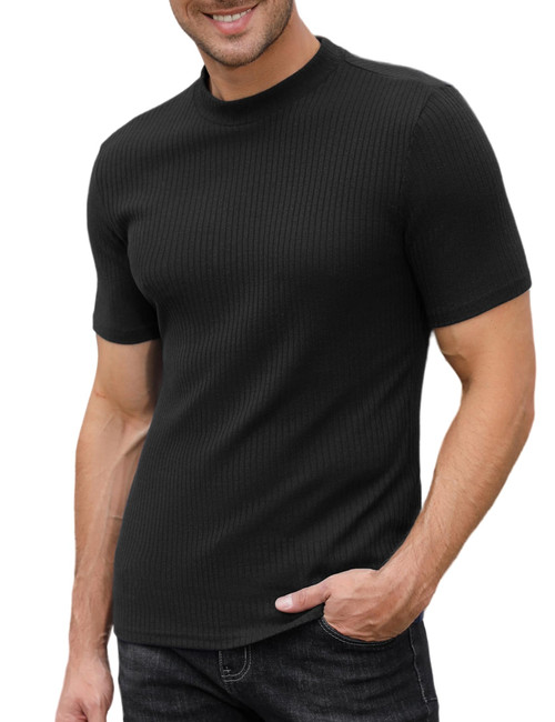 TURETRENDY Mens Slim Fit Mock Turtleneck Sweater Short Sleeve Solid Color T-Shirts Basic Knitted Tees Black 3XL