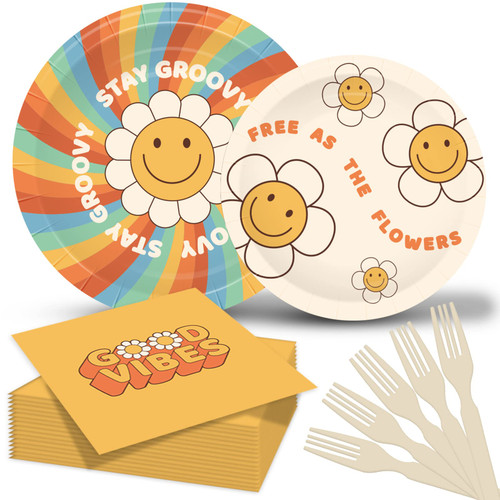 98 Pcs Groovy Birthday Tableware Set Retro Daisies Flowers Theme Party Decorations Paper Plates Napkins Forks for Wedding Birthday Baby Bridal Shower Tableware Kit Party Favor 24 Guests