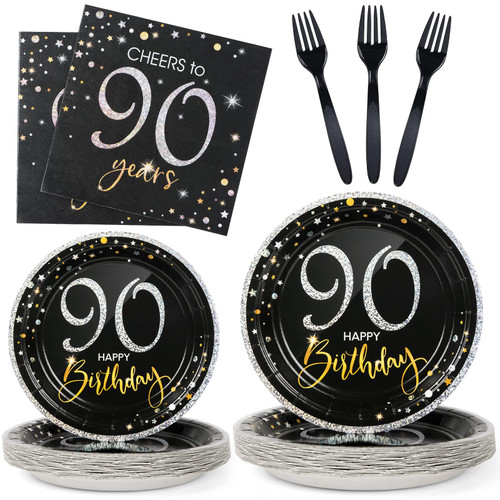 DECORLIFE 90th Birthday Plates and Napkins Serve 24, 90th Birthday Decorations for Men and Women, Forks Included, Total 96PCS