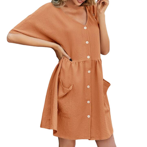 Dresses for Women Fashion Women Summer Casual Solid Color V Neck Ruffle Short Sleeve Button Down A Line Mini Dress Dresses for Women Fashion Women Summer Casual Solid Color V Neck Ruffle Short Sleeve Button Down A Line Mini Dress