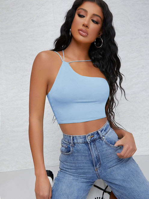 Women's Tops Sexy Tops for Women Shirts One Shoulder Solid Crop Top Shirts for Women (Color : Baby Blue, Size : Large)