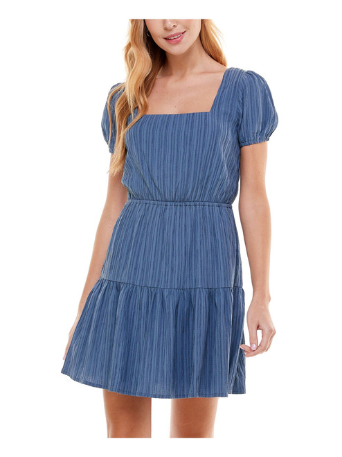 CITY STUDIO Womens Blue Stretch Pleated Gathered Open-Back Tie Back Pouf Sleeve Square Neck Short Party Fit + Flare Dress Juniors XL