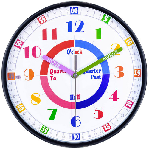 JENLYSTIME Telling Time Teaching Wall Clock,Learning Wall Clock for Kids,Educational Wall Clock, Silent Movement, Kids Room Wall Clock,Decorate Kids Bedroom or Classroom,Black