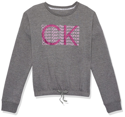 Calvin Klein Girls' Performance Sweatshirt, Crew Neck Pullover with Logo Design, Tagless Interior, Grey Intersect, 8-10