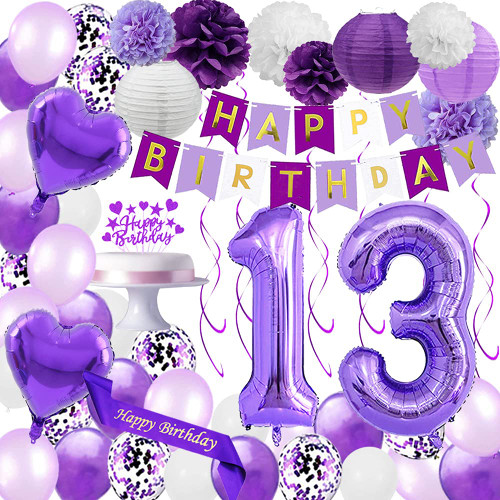 Santonila Purple 13rd Birthday Decorations set Happy Birthday Banner Sash and Cake Topper Number 13 Confetti Latex Balloons Paper Lanterns for 13 Years Old Birthday Party