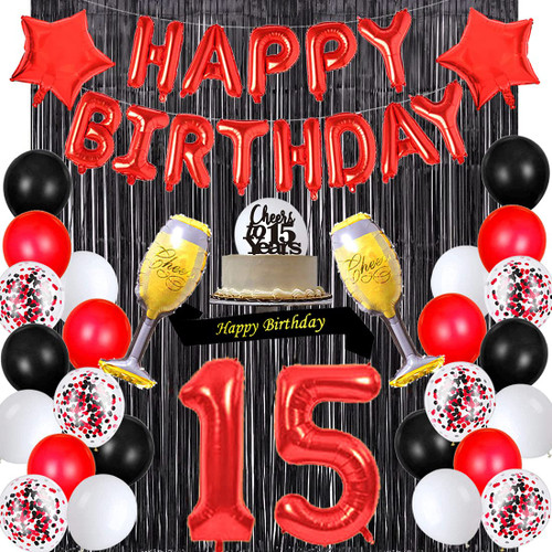 Santonila Red 15th Birthday Decorations Happy Birthday Banner Sash Cheers To 15 Years Cake Topper Number 15 Confetti Latex Balloons Black Tinsel Foil Fringe Curtains for Girls Women 15 Years Old Birthday Party