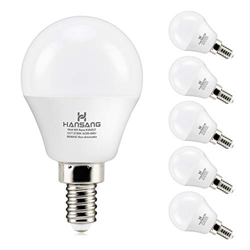6 watt (60w Equivalent) Hansang LED Bulbs,E12 Small Base Candelabra Round Light Bulb,600 Lumen,Warm White 2700K,A15 LED Bulb Globe Shape,Non dimmable,G45 Ceiling Fan Light Bulbs (6 Pack)