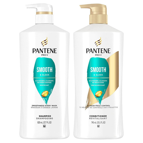 Pantene Shampoo 27.7oz, Conditioner 25.1 oz and Hair Treatment 0.5 oz Set, Smooth and Sleek for 72+ Hours of Lasting Frizz Control, Safe for Color-Treated Hair