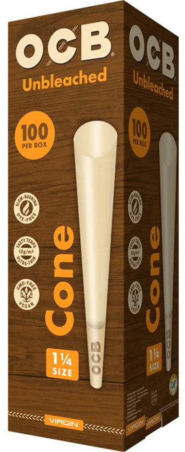 OCB Virgin Unbleached Pre-Rolled Rolling Paper Cones 1-1/4 (84mm) Size - 100 Cones