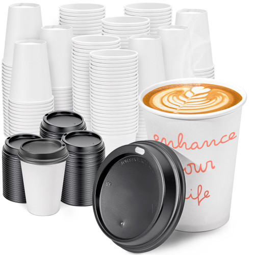 [100 Pack] 12 Oz Disposable Paper Coffee Cups with Black Lids, To Go Coffee Cups with Lids for Hot and Cold Beverage, On the Go Cups for Coffee, Hot Chocolate, Tea, Cortado, Water and Juice