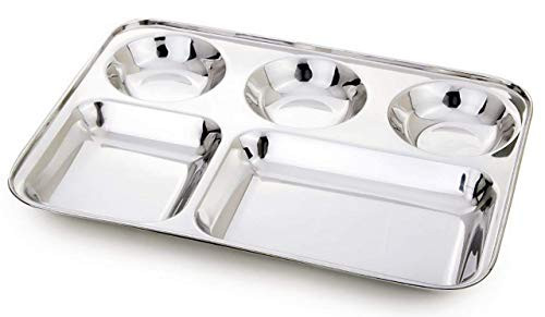 Shourya Trading Stainless Steel Rectangular Thali,Steel Five Compartment Rectangle Plate,Thali,Mess Tray,Dinner Plate,steel plate partition,thali Plate,stainless steel plates,indian dinner thali