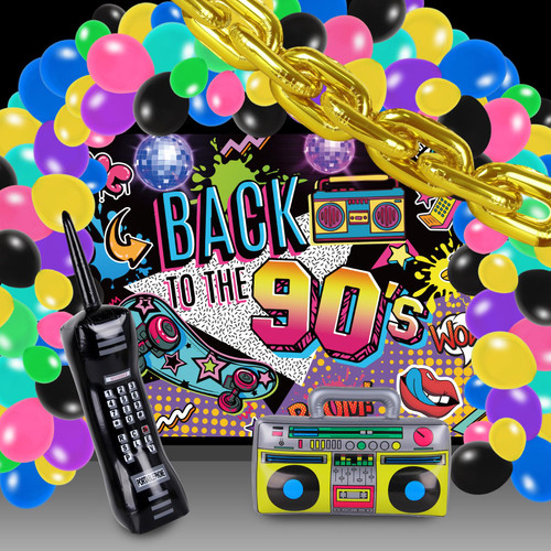 80s 90s Theme Party Decorations Includes Back to 80s 90s Backdrop Inflatable Radio Boombox Mobile Phone Gold Chain Balloon Garland Kit for Birthday Disco Hip Hop Themed Party Decorations-90S