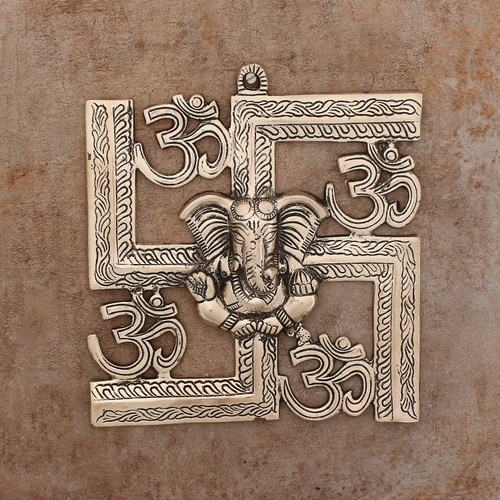 eCraftIndia Lord Ganesha on Om Swastik Metal Silver Wall Hanging