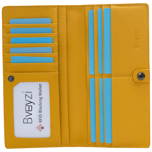 Bveyzi Ultra Slim Thin Leather RFID Blocking Credit Card Holder Bifold Clutch Wallets for Women (Yellow)