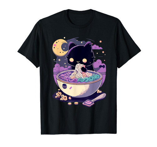 Pastel Goth Aesthetic Kawaii Creepy Cat Eating Ramen Noodles T-Shirt