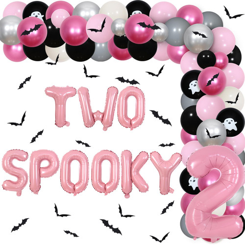 Balterever Halloween 2nd Birthday Party Decorations for Girls Two Spooky Birthday Balloon Garland Kit Pink Black with Ghost Bat Foil Balloons 3d Bat Stickers for Girl 2nd Birthday