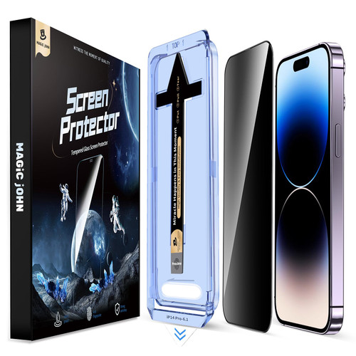 MAGIC JOHN 2 Pack for iPhone 14 Pro 6.1 inch Privacy Glass Screen Protector, Auto Dust-Elimination Installation, Bubble Free, Easy Installation