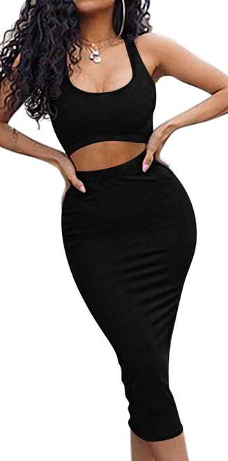 GOBLES Women's Sexy Summer Outfits Bodycon Tank Top Midi Skirt 2 Piece Dress Black