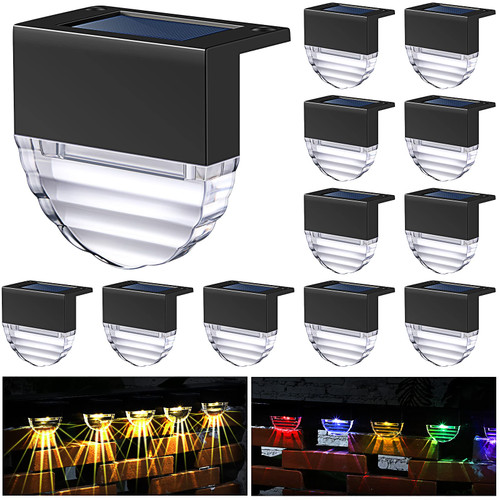 Huquary 12 Pieces Solar Deck Lights, Solar Fence Lights Outdoor Waterproof Led Solar Fence Lights for Patio Stairs Yard Garden Pathway Step and Fences, 10 Lumens, Warm White/Multicolor Lighting