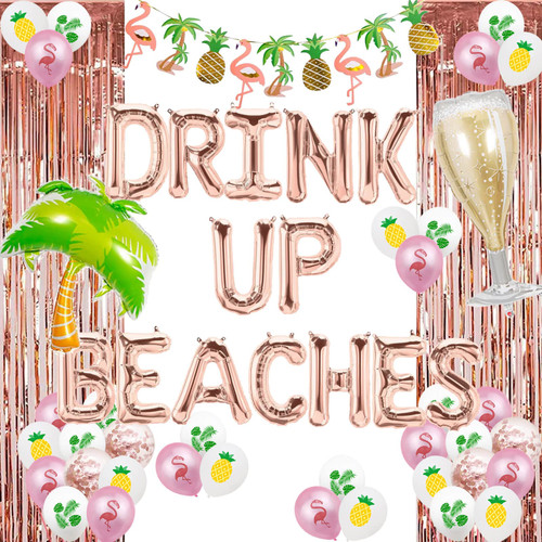 Drink Up Beaches Balloons Rose Gold Beaches Coconut Tree Champagne Bottle Bachelorette Party Banner Hawaii Luau/Tropical Summer Beach Pineapple Bridal Shower Bachelorette Party Supplies Decorations