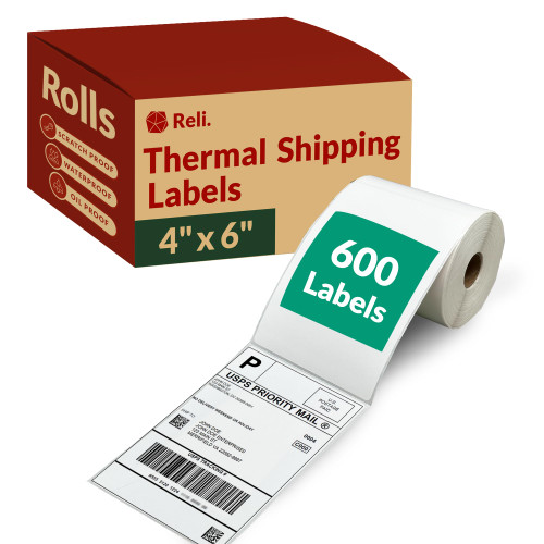 Reli. Thermal Shipping Labels (600 Labels) 4x6 Thermal Labels Roll | Shipping Labels, Direct Thermal Printer Labels | White 4x6 Thermal Shipping Labels | Compatible w/Rollo Thermal Printer (1 Roll)