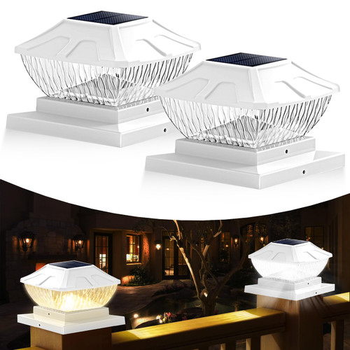 Viewsun Solar Post Cap Lights, 2 Pack Fence Post Solar Lights, Warm White High Brightness Solar Deck Post Lights, IP65 Outdoor Post Lights for 4x4 5x5 6x6 Posts, Garden Fence Patio Yard Decoration