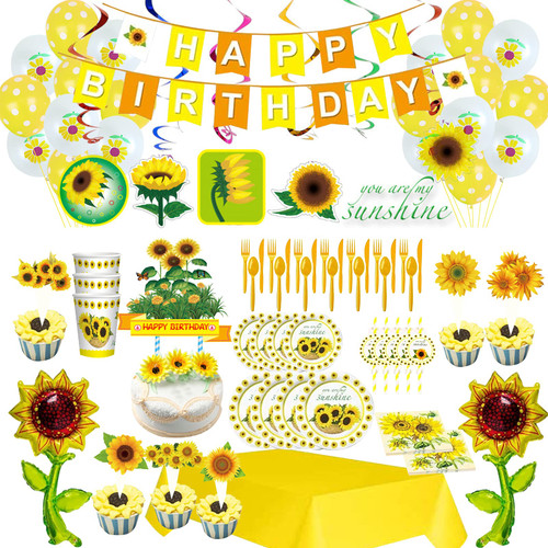 151Pcs Sunflower Party Supplies, Sunflower Birthday Decorations Sunflower Paper Plates Birthday Banner Balloon Sunflower Cake Topper Hanging Swirls Disposable Tableware Tablecloth