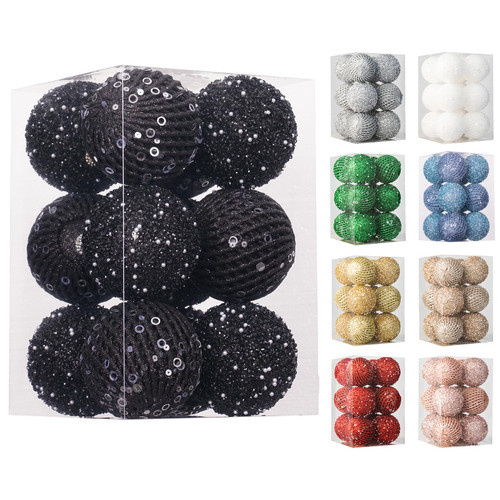 3.15" Christmas Ball Ornaments 12 pcs Glitter Sequin Foam Ball Shatterproof Christmas Decorations Tree Balls Xmas Hanging Balls for Xmas Trees Wedding Party Holiday Decorations(Black)