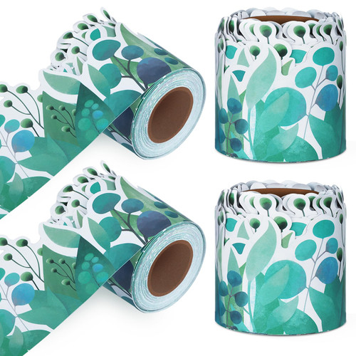 4 Rolls Scalloped Bulletin Board Borders - Eucalyptus Bulletin Board Border Die-Cut Borders - 131.2 Feet Greenery Trim Tropical Leaves for Classroom - Borders Classroom Bulletin Back to School