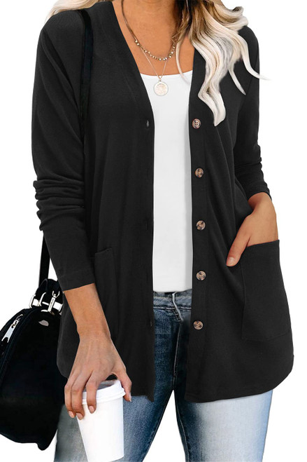 ULTRANICE Women's Black Cardigan 2023 Trendy Lightweight Long Sleeve Open Front Knitted Button Cardigans Dressy Sweater with Pockets(Black,XL)