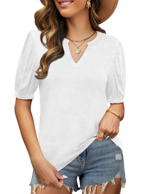 Elesomo Women Summer Blouse V Neck Casual Short Puff Sleeve Tops T-Shirt, White XXL Elesomo Women Summer Blouse V Neck Casual Short Puff Sleeve Tops T-Shirt, White XXL