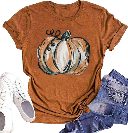 Halloween Pumpkin Graphic Shirt Women Funny Pumpkin Tee Shirt Halloween Short Sleeve Fall Shirt Thanksgiving Gift Top (Brown2, Medium)