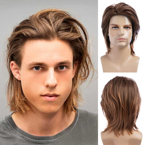 Wiwige Mens Brown Wig Short Fluffy Natural Hair Synthetic Halloween Cosplay Costume Party Full Wigs