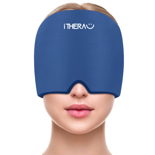 iTHERAU Migraine Relief Cap?Migraine Ice Head Wrap?Headache Ice Hat?Cold Therapy Headache Relief Cap for Migraine Eyes Mask Dark Blue Headache Ice Pack Stress Relief