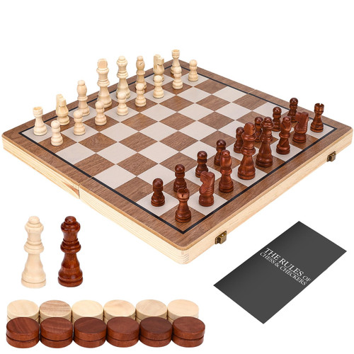 Kiapeak Chess Board Set, 15 Inch Wooden Chess Set for Adults & Kids, Checkers Board Game, Handmade Folding Chess Boards with 2 Extra Queens
