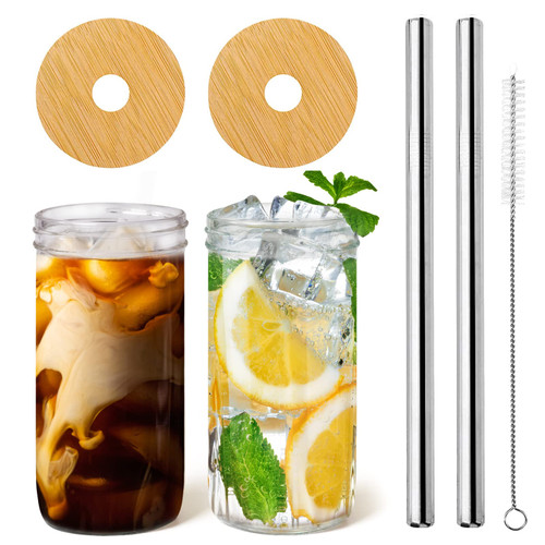 Fenspeed 2pcs Mason Jars with Lids and Straws Glass Cups Wide Mouth Mason Jar Drinking Glasses Set 24oz Iced Coffee Glasses Tumbler Cup for Boba Smoothie Juice