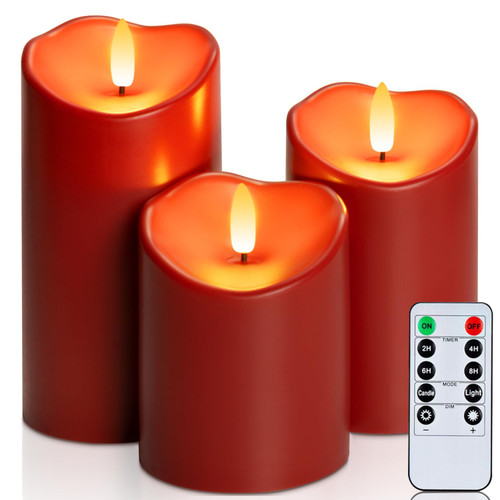 Homemory Burgundy Flameless Candles, Waterproof Flickering Flameless Candles, Outdoor Battery Operated LED Pillar Candles with Remote Timer, Electric Fake Plastic Candles, D3 x H4 5" 6", Red, 3 Pack Homemory Burgundy Flameless Candles, Waterproof Flickering Flameless Candles, Outdoor Battery Operated LED Pillar Candles with Remote Timer, Electric Fake Plastic Candles, D3 x H4 5" 6", Red, 3 Pack