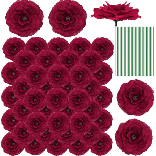 Yunlly 100 Pcs Flowers Long Stem Artificial Rose Flowers Roses Fake Faux Artificial Roses Bouquet Wedding Party Home Decor for DIY Baby Shower Centerpieces Tables Home Decorations (Wine Red)