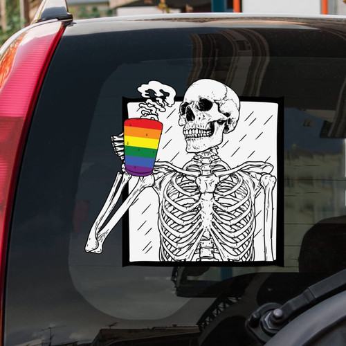 Swavecat June Pride Parade Window Sticker Decal LGBT Coffee Drinking Skull Car Decal Stickers Lesbian Gay Progress Pride Bisexual Decal for Car Vinyl Sticker for Truck Window Bumper Sticker 8in